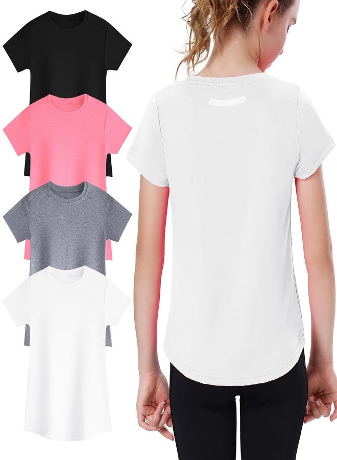 EXARUS 4 Pack Girls Athletic Shirts Quick Dry Short Sleeve Tshirts Crewneck Tee Workout Activewear Tops for Kids 8-16Y Set 7 12Y - Image 1